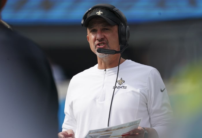 New Orleans Saints head coach Dennis Allen looks on against the Carolina Panthers. Mandatory Credit: James Guillory-USA TODAY Sports